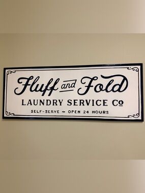 Fluff and Fold Laundry Service Metal Sign - Navy Blue & White